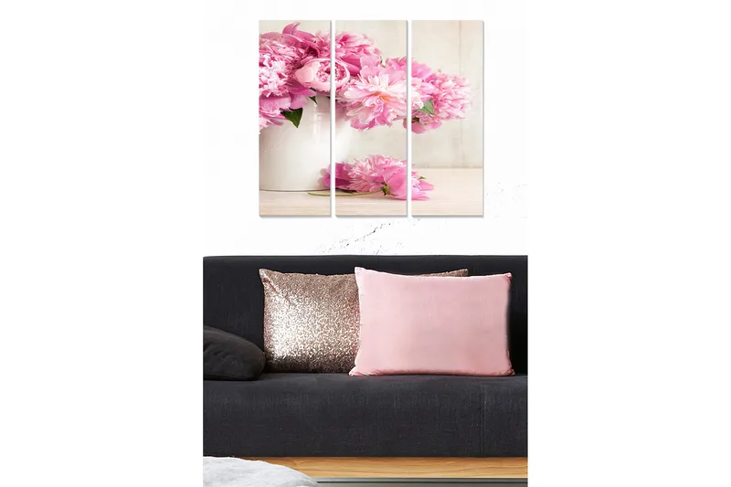 Puinen canvastaulu, 3-osainen, 50x70 cm - Värikäs pionikimppu valkoisessa ruukussa, Vaaleanpunainen / Vihreä / Valkoinen