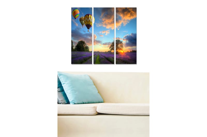 Puinen canvastaulu, 3-osainen, 50x70 cm - Värikkäät kuumailmapallot leijuvat laventelipellon yllä auringonlaskun aikaan, Violetti / Oranssi / Sininen