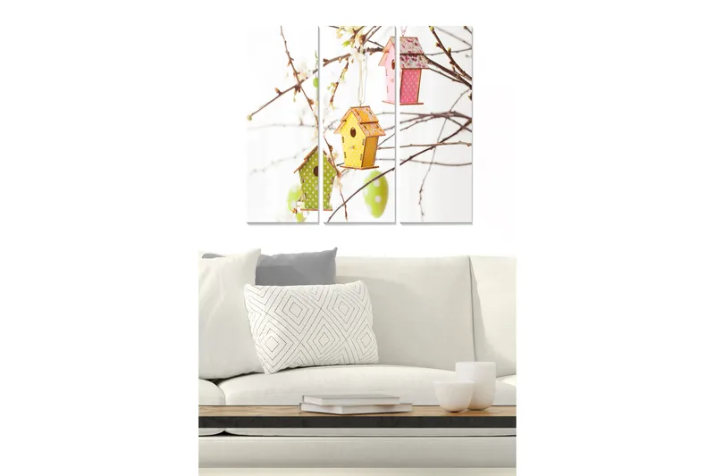 Puinen canvastaulu, 3-osainen, 50x70 cm - Värikkäät linnunpöntöt roikkuvat oksista, Vihreä / Keltainen / Vaaleanpunainen