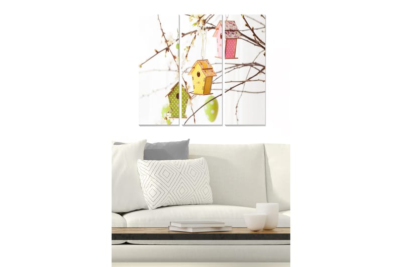 Puinen canvastaulu, 3-osainen, 50x70 cm - Värikkäät linnunpöntöt roikkuvat oksista, Vihreä / Keltainen / Vaaleanpunainen
