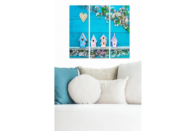 Puinen canvastaulu, 3-osainen, 50x70 cm - Värikkäät linnunpöntöt vaaleansinistä taustaa vasten, Vaaleansininen / Vaaleanpunainen / Valkoinen