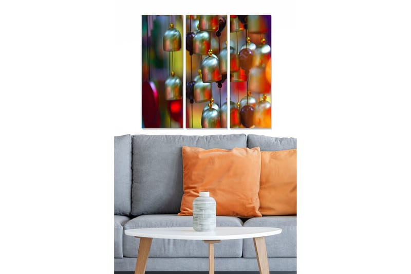 Puinen canvastaulu, 3-osainen, 50x70 cm - Värikkäät riippukellot eri sävyissä, Vihreä / Punainen / Keltainen