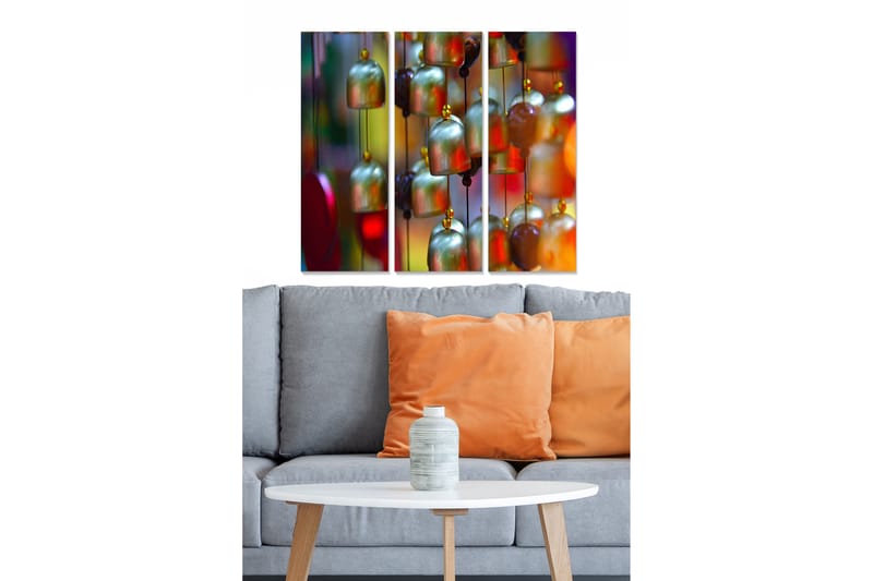 Puinen canvastaulu, 3-osainen, 50x70 cm - Värikkäät riippukellot eri sävyissä, Vihreä / Punainen / Keltainen