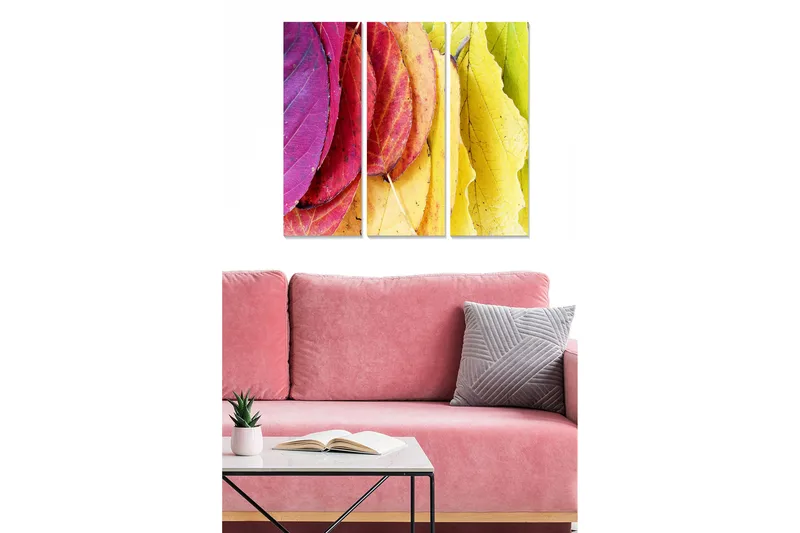 Puinen canvastaulu, 3-osainen, 50x70 cm - Värikkäät syksyn lehdet eri sävyissä, Vaaleanpunainen / Keltainen / Vihreä