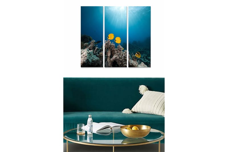 Puinen canvastaulu, 3-osainen, 50x70 cm - Värikkäitä kaloja koralliriutan yllä, Sininen / Keltainen / Harmaa