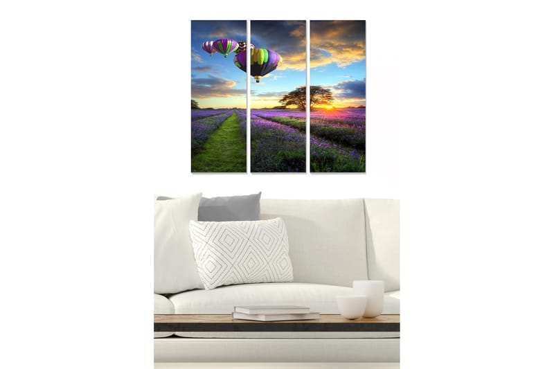 Puinen canvastaulu, 3-osainen, 50x70 cm - Värikkäitä kuumailmapalloja laventelipellon yllä auringonlaskun aikaan, Violetti / Vihreä / Oranssi