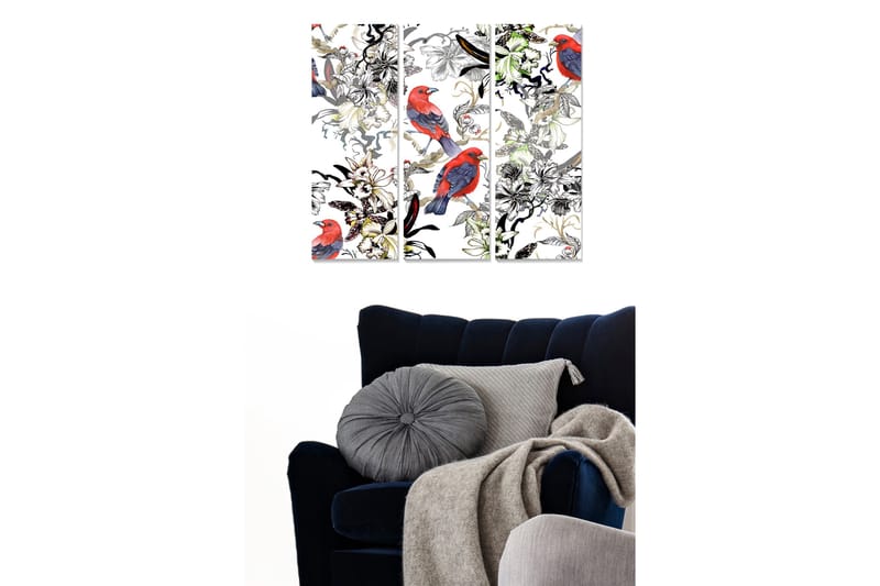 Puinen canvastaulu, 3-osainen, 50x70 cm - Värikkäitä lintuja kukkien ja kasvillisuuden keskellä, Punainen / Vihreä / Musta