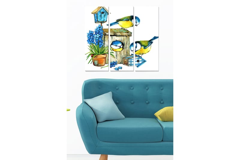 Puinen canvastaulu, 3-osainen, 50x70 cm - Värikkäitä lintuja lintujen syöttölaitteella, kukkia ja linnunpönttö, Sininen / Vihreä / Keltainen