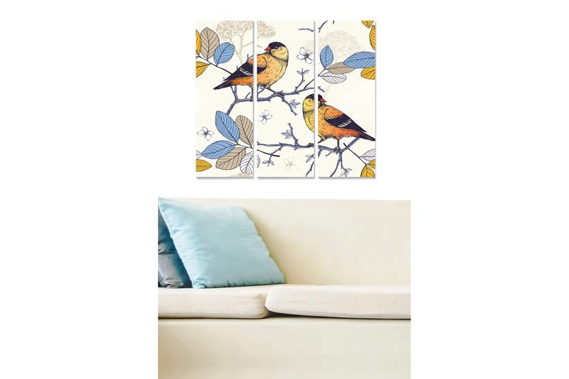Puinen canvastaulu, 3-osainen, 50x70 cm - Värikkäitä lintuja oksalla lehtien ympäröimänä, Sininen / Keltainen / Vihreä