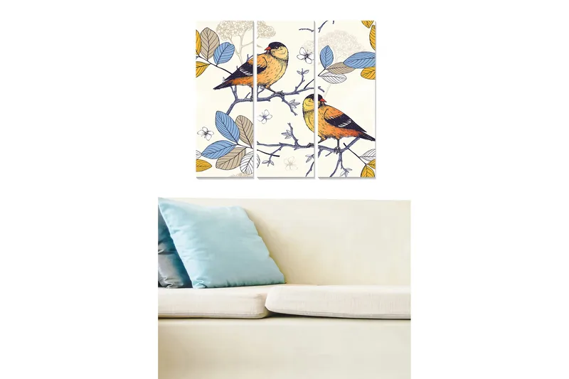 Puinen canvastaulu, 3-osainen, 50x70 cm - Värikkäitä lintuja oksalla lehtien ympäröimänä, Sininen / Keltainen / Vihreä