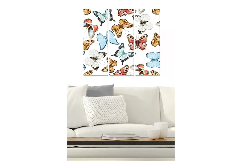 Puinen canvastaulu, 3-osainen, 50x70 cm - Värikkäitä perhosia eri muodoissa ja kokoisina, Sininen / Oranssi / Ruskea
