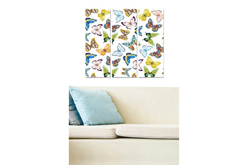Puinen canvastaulu, 3-osainen, 50x70 cm - Värikkäitä perhosia eri kuvioissa ja muodoissa, Vihreä / Sininen / Keltainen