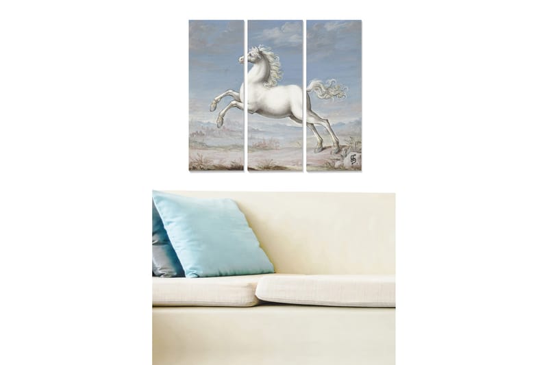 Puinen canvastaulu, 3-osainen, 50x70 cm - Valkoinen hevonen laukkaa vaaleansinistä taivasta vasten, Valkoinen / Vaaleansininen / Beige