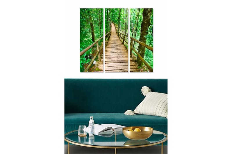 Puinen canvastaulu, 3-osainen, 50x70 cm - Puinen silta rehevän metsän läpi, Vihreä / Ruskea