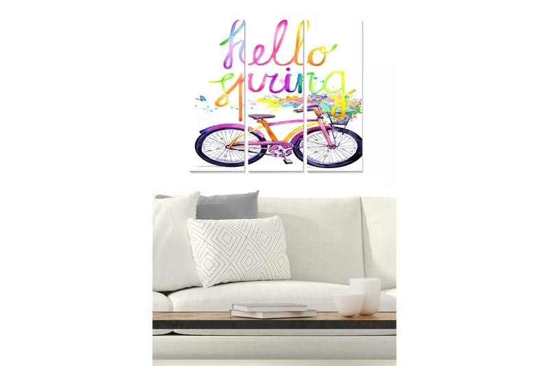 Puinen canvastaulu, 3-osainen, 50x70 cm - Polkupyörä värikkäällä tekstillä, kevättervehdys - Vaaleanpunainen / violetti / keltainen - Sisustustuotteet - Taulu & taide - Canvas-taulu
