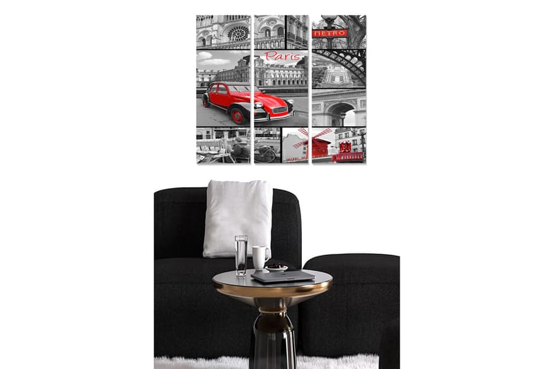 Puinen canvastaulu, 3-osainen, 50x70 cm - Punainen auto mustavalkoisessa Pariisin kaupunkikuvassa, Punainen / Musta / Harmaa