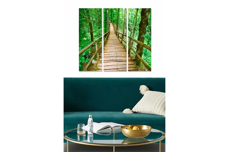 Puinen canvastaulu, 3-osainen, 50x70 cm - Puinen silta rehevän metsän läpi, Vihreä / Ruskea