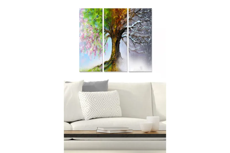 Puinen canvastaulu, 3-osainen, 50x70 cm - Puut eri vuodenaikoina kukkivine ja lehdettömine oksineen, Vihreä / Vaaleanpunainen / Ruskea