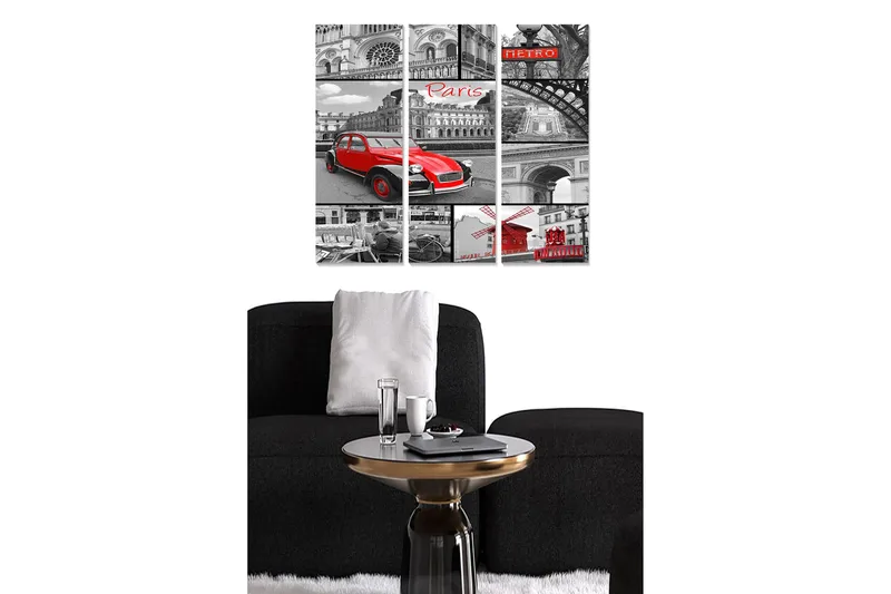 Puinen canvastaulu, 3-osainen, 50x70 cm - Punainen auto mustavalkoisessa Pariisin kaupunkikuvassa, Punainen / Musta / Harmaa