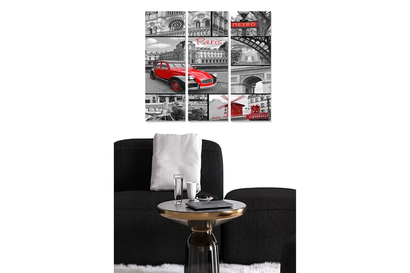 Puinen canvastaulu, 3-osainen, 50x70 cm - Punainen auto mustavalkoisessa Pariisin kaupunkikuvassa, Punainen / Musta / Harmaa