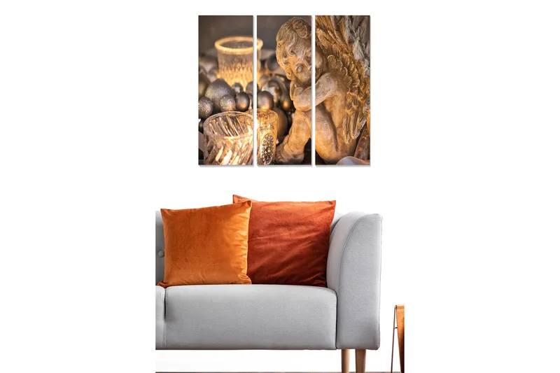 Puinen kangas, 3-osainen, 50x70 cm - Enkeliveistos pehmeissä sävyissä, Kulta / Ruskea / Harmaa