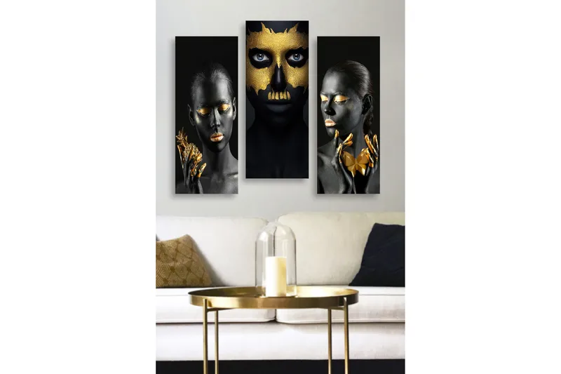 Puinen kangas, 3-osainen, 50x70 cm - Kolmiosainen muotokuvasommitelma, jossa kasvot mustana ja kultaisena, Musta / Kulta