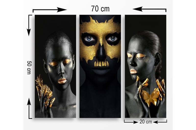 Puinen kangas, 3-osainen, 50x70 cm - Kolmiosainen muotokuvasommitelma, jossa kasvot mustana ja kultaisena - Musta / Kulta - Sisustustuotteet - Taulu & taide - Canvas-taulu