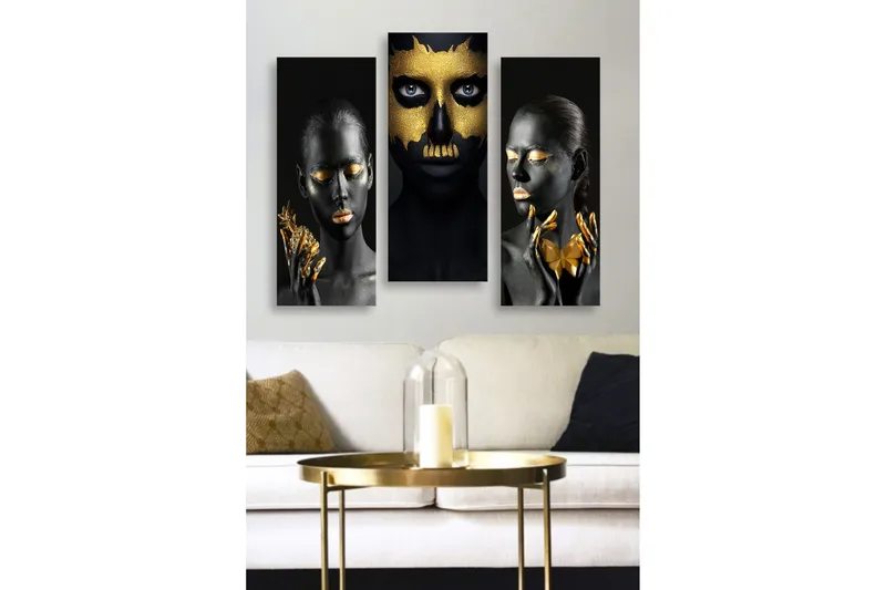 Puinen kangas, 3-osainen, 50x70 cm - Kolmiosainen muotokuvasommitelma, jossa kasvot mustana ja kultaisena, Musta / Kulta