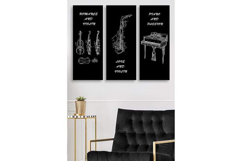 Puinen kangas, 3-osainen, 50x70 cm - Soittimia luonnostyyliin - Musta / Valkoinen - Sisustustuotteet - Taulu & taide - Canvas-taulu