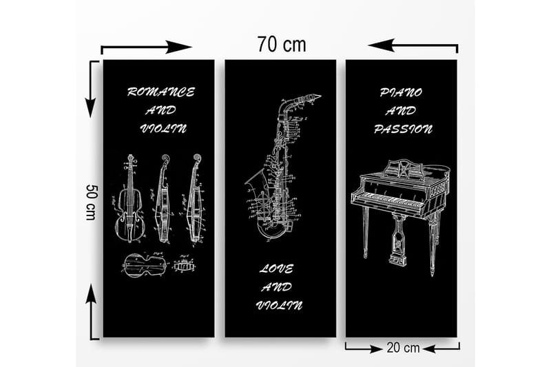Puinen kangas, 3-osainen, 50x70 cm - Soittimia luonnostyyliin - Musta / Valkoinen - Sisustustuotteet - Taulu & taide - Canvas-taulu