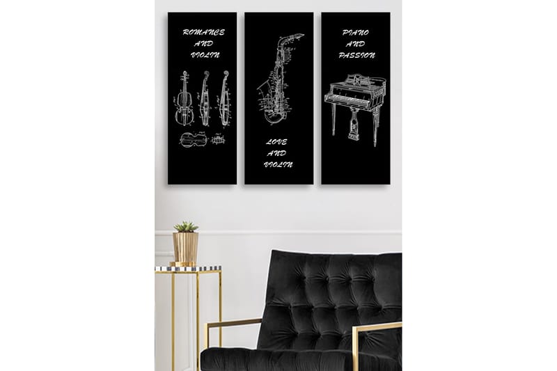 Puinen kangas, 3-osainen, 50x70 cm - Soittimia luonnostyyliin, Musta / Valkoinen