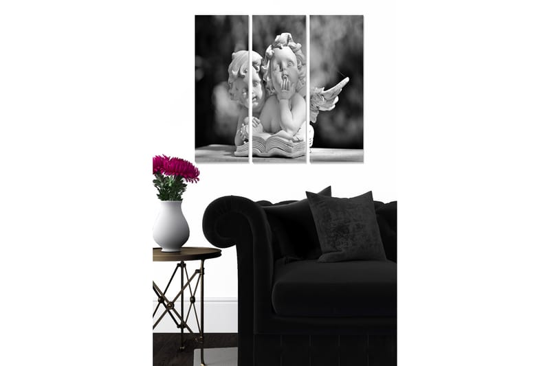 Puinen kangas, 3-osainen, 50x70 cm - Veistos kahdesta enkelistä istumassa yhdessä ja selaamassa kirjaa - Valkoinen / Musta / Harmaa - Sisustustuotteet - Taulu & taide - Canvas-taulu