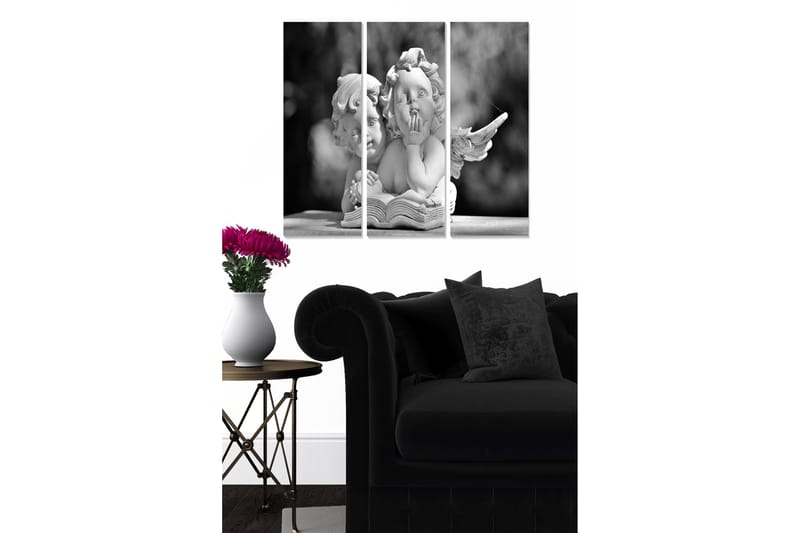 Puinen kangas, 3-osainen, 50x70 cm - Veistos kahdesta enkelistä istumassa yhdessä ja selaamassa kirjaa, Valkoinen / Musta / Harmaa