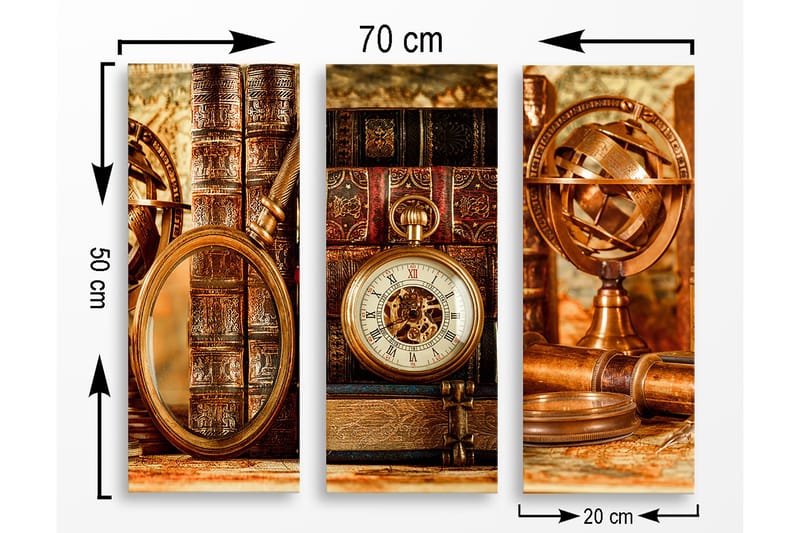 Puinen kangas, 3-osainen, 50x70 cm - Vintage-kokoelma kirjoja ja kelloja - Ruskea / Kulta / Beige - Sisustustuotteet - Taulu & taide - Canvas-taulu