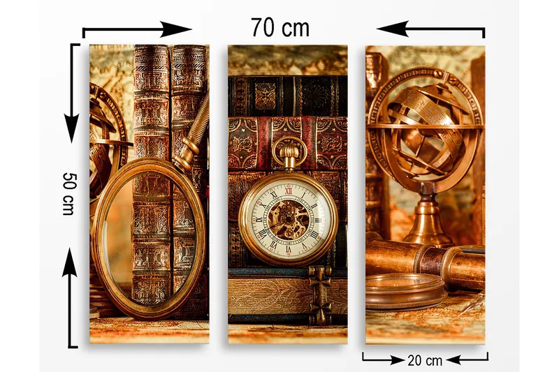 Puinen kangas, 3-osainen, 50x70 cm - Vintage-kokoelma kirjoja ja kelloja - Ruskea / Kulta / Beige - Sisustustuotteet - Taulu & taide - Canvas-taulu