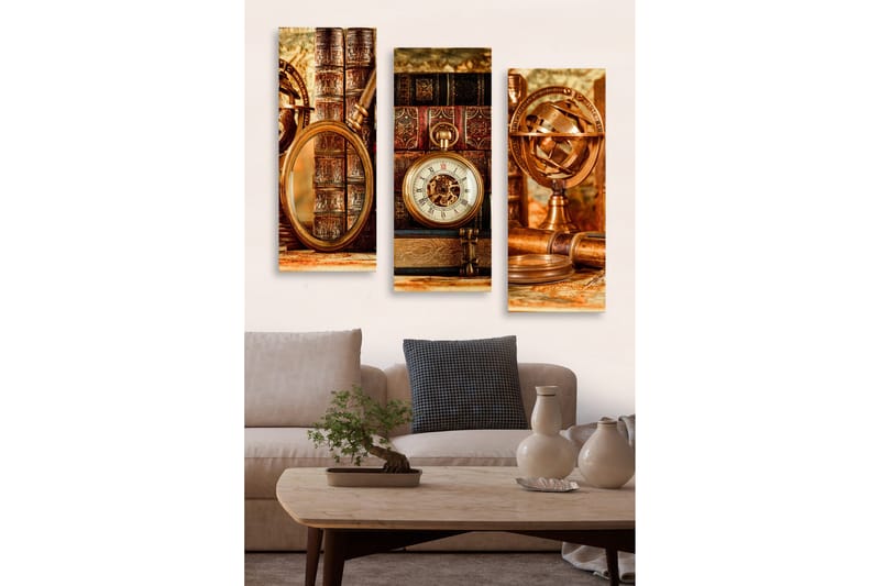 Puinen kangas, 3-osainen, 50x70 cm - Vintage-kokoelma kirjoja ja kelloja, Ruskea / Kulta / Beige