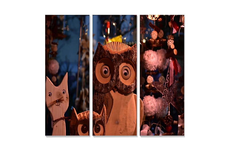 Puinen kangas, 3-osainen, 50x70 cm - Puiset veistokset kissasta ja pöllöstä, joilla on suuret silmät - Ruskea / Beige / Valkoinen - Sisustustuotteet - Taulu & taide - Canvas-taulu