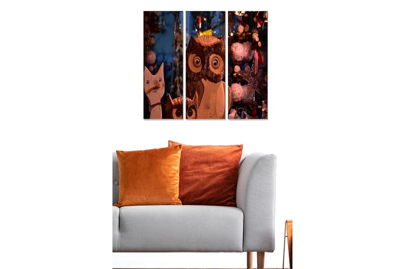 Puinen kangas, 3-osainen, 50x70 cm - Puiset veistokset kissasta ja pöllöstä, joilla on suuret silmät - Ruskea / Beige / Valkoinen - Sisustustuotteet - Taulu & taide - Canvas-taulu