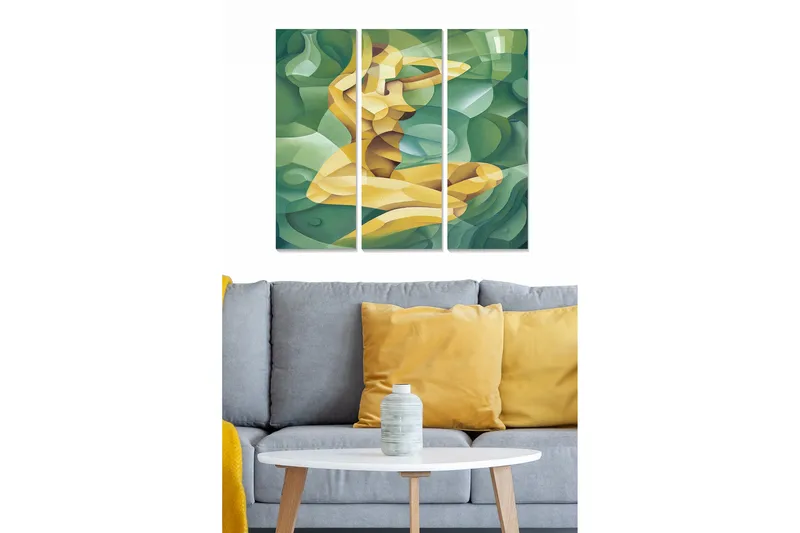 Puinen kankaalle, 3 osaa, 50x70 cm - Abstrakti sommitelma tyylitellyllä ihmishahmolla, Vihreä / Keltainen / Vaaleansininen