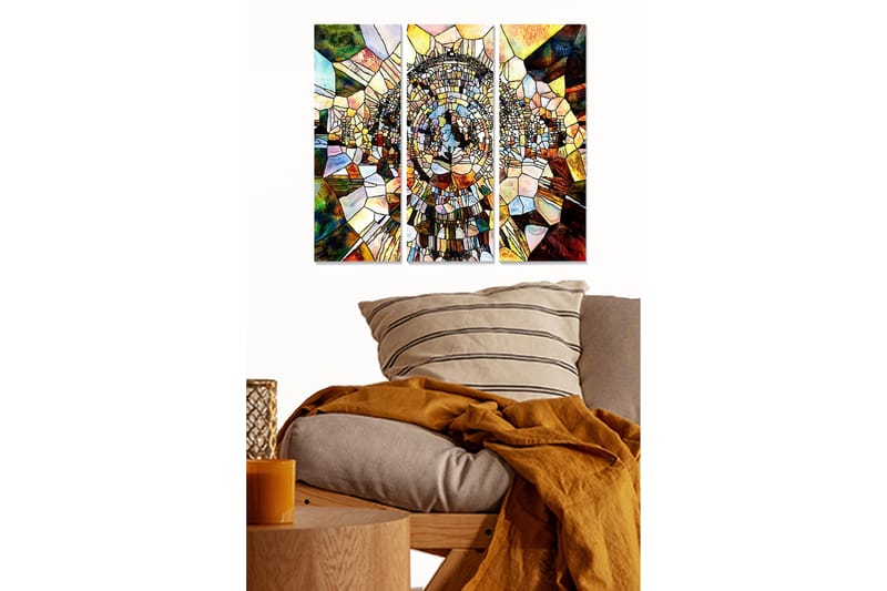 Puinen taulupohja, 3 osaa, 50x70 cm - Abstrakti sommitelma, jossa geometrisia muotoja spiraalimaisessa rakenteessa, Kulta / Ruskea / Vihreä