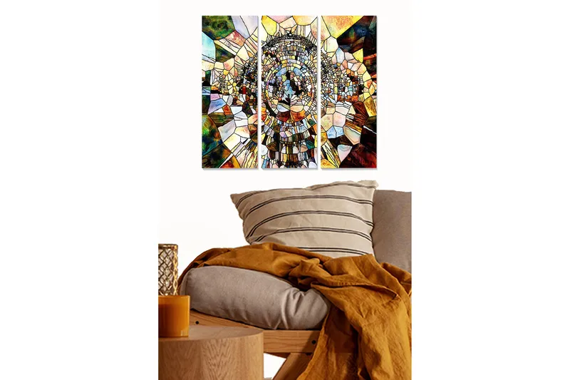 Puinen taulupohja, 3 osaa, 50x70 cm - Abstrakti sommitelma, jossa geometrisia muotoja spiraalimaisessa rakenteessa, Kulta / Ruskea / Vihreä