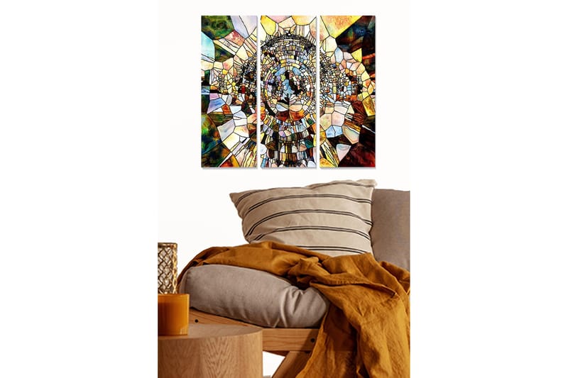 Puinen taulupohja, 3 osaa, 50x70 cm - Abstrakti sommitelma, jossa geometrisia muotoja spiraalimaisessa rakenteessa, Kulta / Ruskea / Vihreä