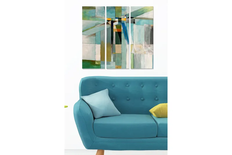 Puinen taulupohja, 3 osaa, 50x70 cm - Abstrakti sommitelma, jossa on eri sävyisiä geometrisia muotoja, Turkoosi / Vihreä / Valkoinen