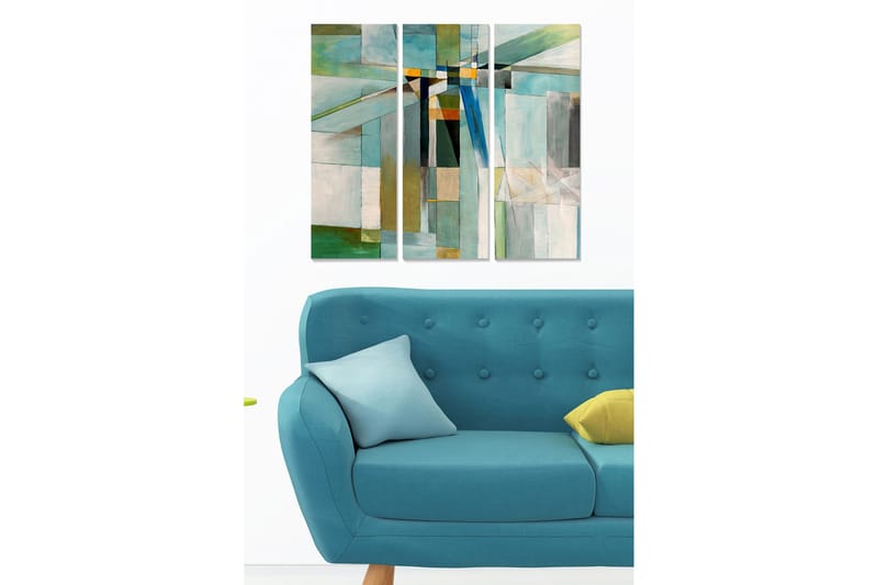 Puinen taulupohja, 3 osaa, 50x70 cm - Abstrakti sommitelma, jossa on eri sävyisiä geometrisia muotoja, Turkoosi / Vihreä / Valkoinen