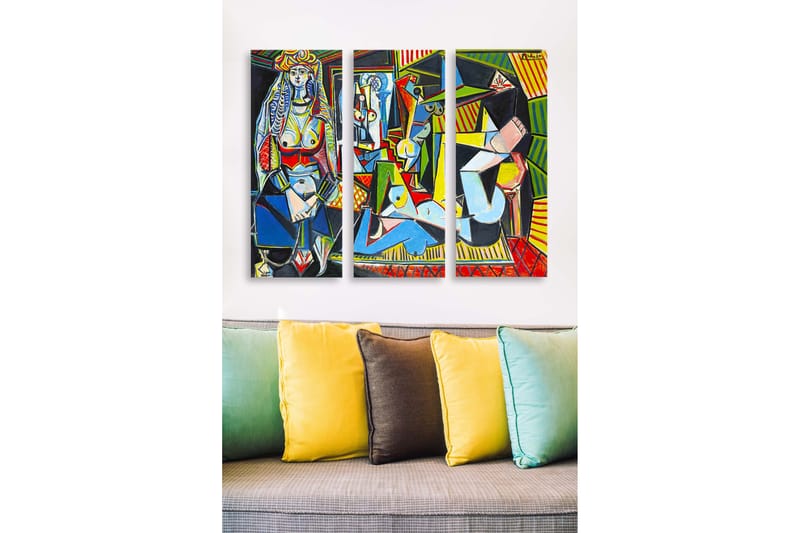 Puinen taulupohja, 3 osaa, 50x70 cm - Abstrakti sommitelma, jossa on figuureja ja geometrisia muotoja - Sininen / Punainen / Vihreä - Sisustustuotteet - Taulu & taide - Canvas-taulu