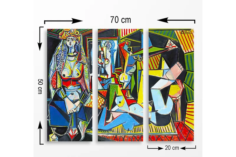 Puinen taulupohja, 3 osaa, 50x70 cm - Abstrakti sommitelma, jossa on figuureja ja geometrisia muotoja - Sininen / Punainen / Vihreä - Sisustustuotteet - Taulu & taide - Canvas-taulu