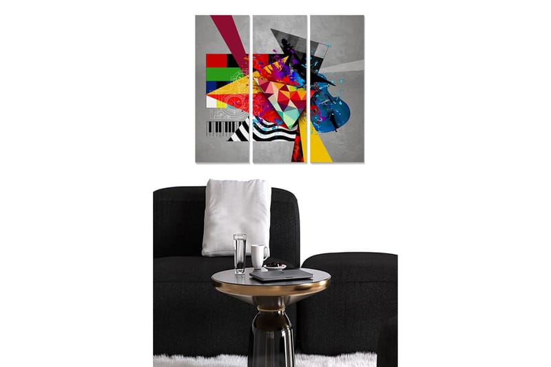 Puinen taulupohja, 3 osaa, 50x70 cm - Abstrakti sommitelma geometrisilla muodoilla ja musiikillisilla elementeillä, Sininen / Punainen / Keltainen
