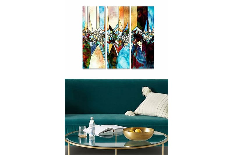 Puinen taulupohja, 3 osaa, 50x70 cm - Abstrakti sommitelma geometrisilla muodoilla ja värikkäillä elementeillä, Sininen / Punainen / Keltainen