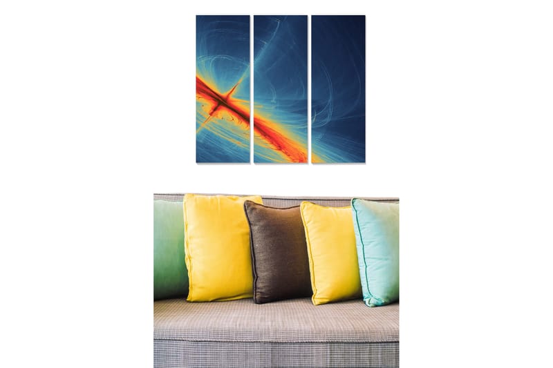 Puinen taulupohja, 3 osaa, 50x70 cm - Abstrakti sommitelma kirkkailla väreillä ja dynaamisilla viivoilla, Tummansininen / Oranssi / Keltainen