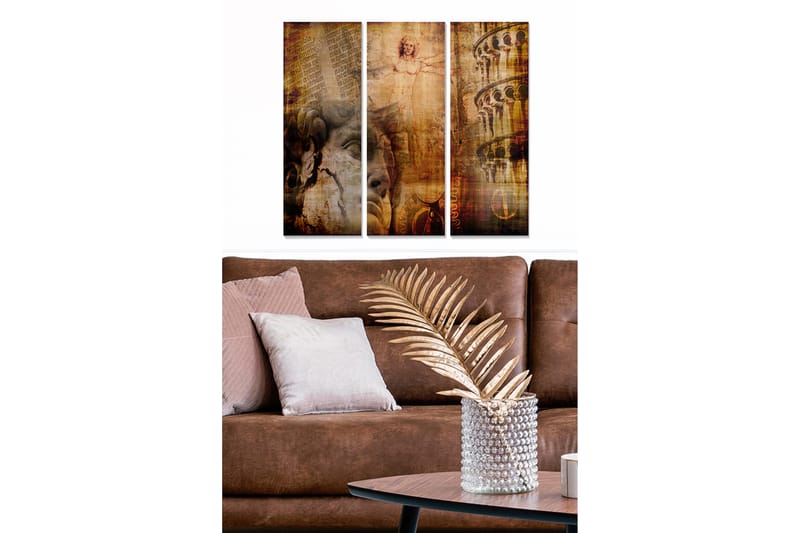 Puinen taulupohja, 3 osaa, 50x70 cm - Abstrakti sommitelma klassisilla elementeillä ja kasvoilla, Ruskea / Kulta / Beige